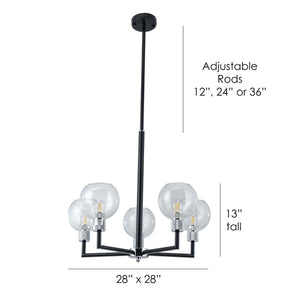 Toni 5-Light Black Modern Chandelier with Clear Glass Shades