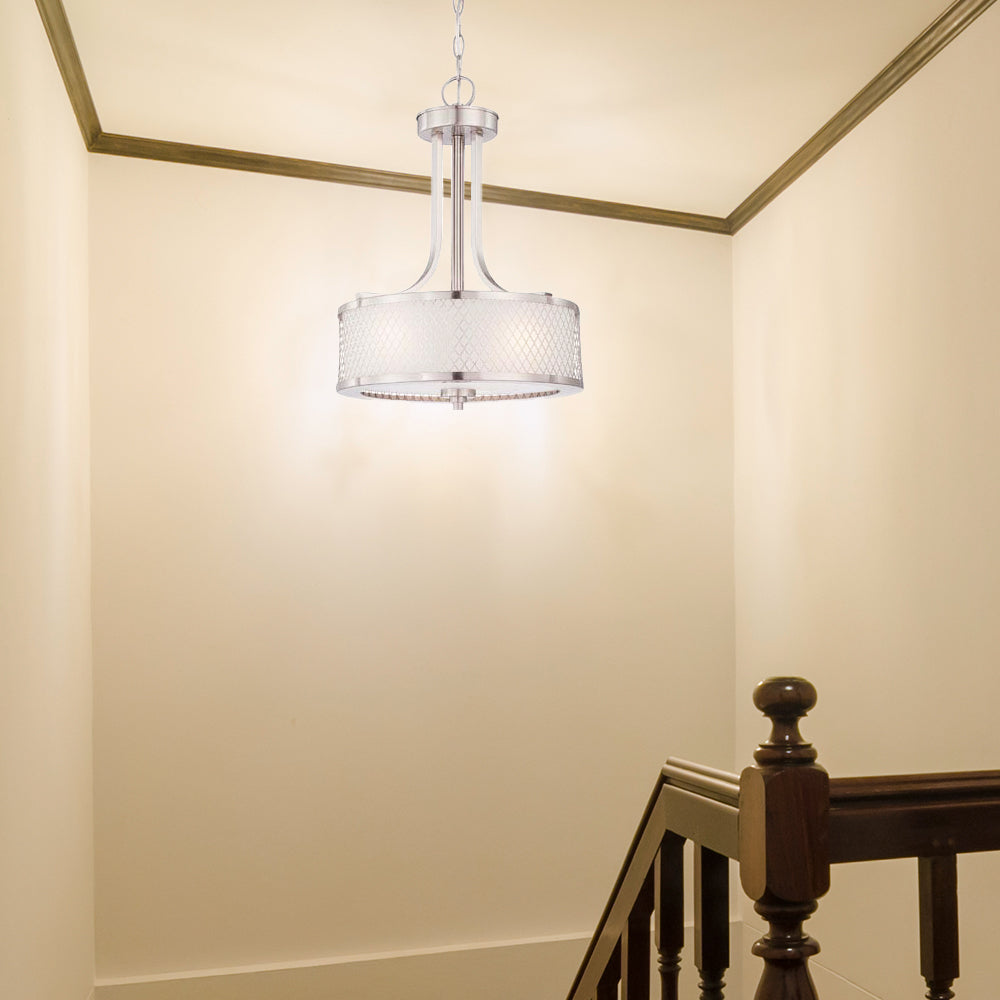 Ryan Hanging Chandelier Light Fixture with Satin Nickel Finish Featuring Metal Wire Mesh Shade