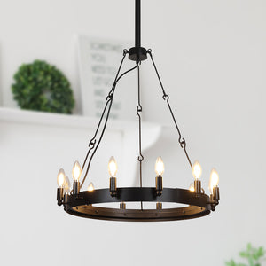 Kendrick - Black Iron 12-Light Chandelier - Wagon Wheel Style Rustic Farmhouse Design