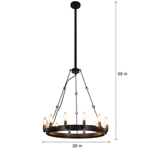 Kendrick - Black Iron 12-Light Chandelier - Wagon Wheel Style Rustic Farmhouse Design