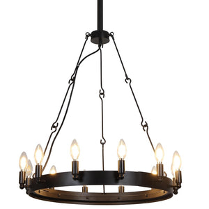Kendrick - Black Iron 12-Light Chandelier - Wagon Wheel Style Rustic Farmhouse Design
