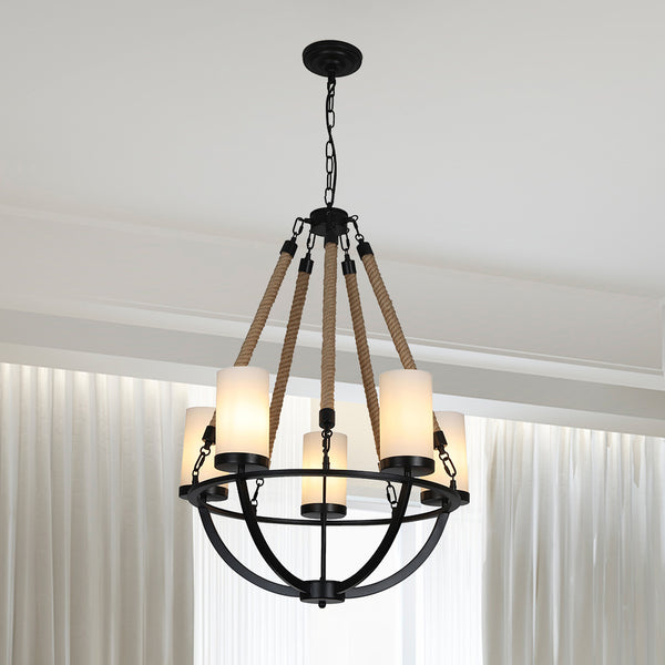 Rowan Wrought Iron and Natural Rope Chandelier Black Metal with Ro A Touch Of Design