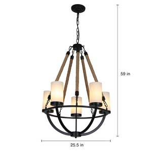 Rowan - Wrought Iron and Natural Rope Chandelier - Black Metal with Rope Accents with 5-Light Shades