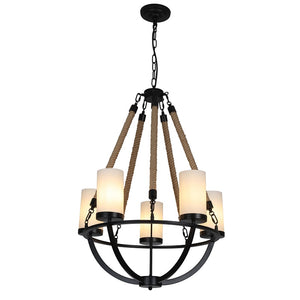 Rowan - Wrought Iron and Natural Rope Chandelier - Black Metal with Rope Accents with 5-Light Shades