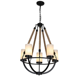 Rowan - Wrought Iron and Natural Rope Chandelier - Black Metal with Rope Accents with 5-Light Shades