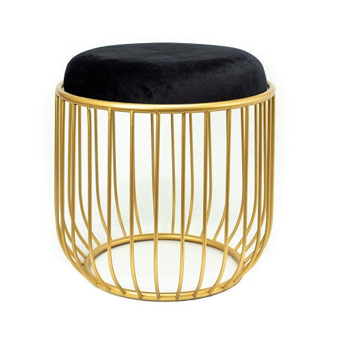 Alana - Round End Table/Accent Stool with Gold Metal Cage Base and Black Fabric Covered Top