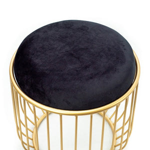 Alana - Round End Table/Accent Stool with Gold Metal Cage Base and Black Fabric Covered Top