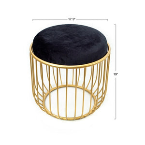 Alana - Round End Table/Accent Stool with Gold Metal Cage Base and Black Fabric Covered Top