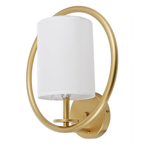 Aurora Gold Circle Wall Sconce with White Fabric Shade