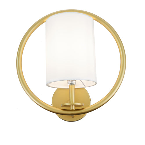 Aurora Gold Circle Wall Sconce with White Fabric Shade