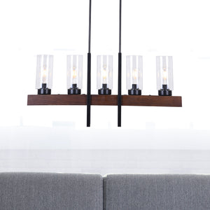 Baxter - Large 5-Light Black Metal and Wood Chandelier Pendant Light