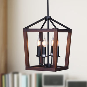 Wellington - 4-Light Natural Wood and Black Metal Hanging Pendant Chandelier