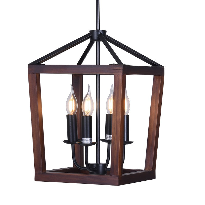 Wellington - 4-Light Natural Wood and Black Metal Hanging Pendant Chandelier