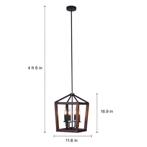 Wellington - 4-Light Natural Wood and Black Metal Hanging Pendant Chandelier