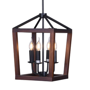 Wellington - 4-Light Natural Wood and Black Metal Hanging Pendant Chandelier