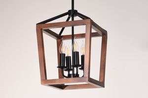 Wellington - 4-Light Natural Wood and Black Metal Hanging Pendant Chandelier